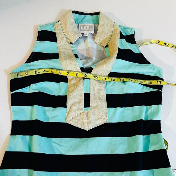 Sail To Sble Striped High Bishop Neck Dress Size S Small Teal Gold - Picture 6 of 9